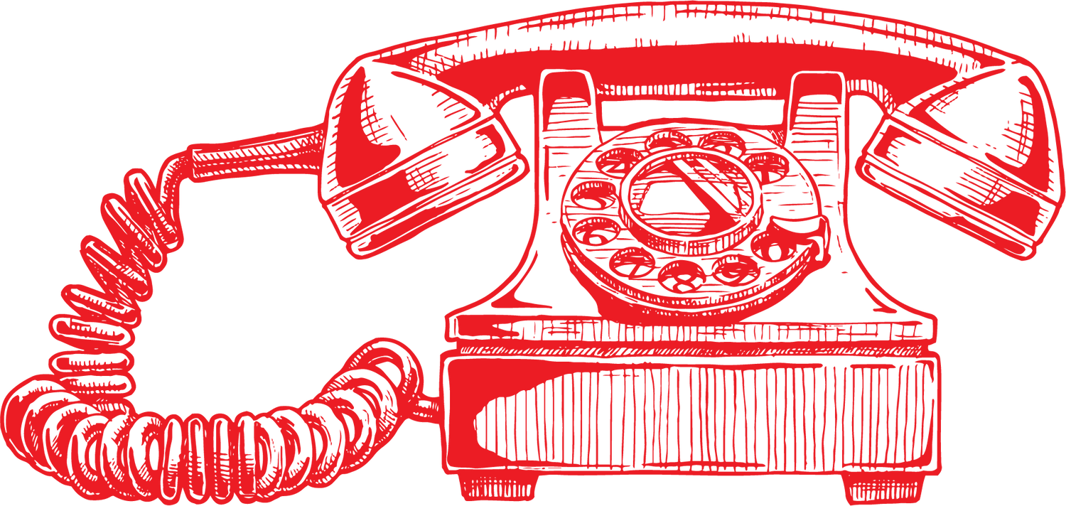 A vintage style illustration of a 1950's telephone with wind up numbers. The telephone illustration is red. 