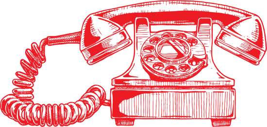 A vintage style illustration of a 1950's telephone with wind up numbers. The telephone illustration is red. 